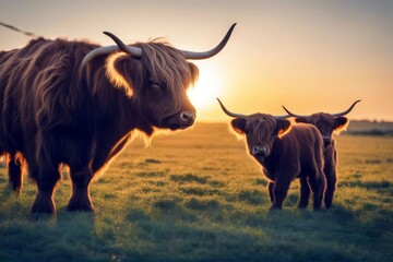 Wall Mural - 'pasture calf cow highland sunset cattle animal farm grass brown nature scotland horn bull scottish field mammal longhorn agriculture bovine countryside hairy'