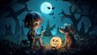 Cute 3D scene of Boo the zombie playing with a ghostly puppy in a moonlit park ideal for a childrens nightlight design or nursery decor
