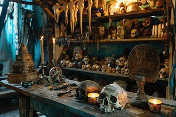 Wall Mural - Interior of Voodoo shop, African religion, art, artifacts, candles, skulls, magic, gris-gris