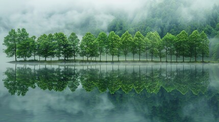 Wall Mural - Line of green trees reflected in clear lake water, white mist fog, green landscape, magical, background, Celtic, Ireland