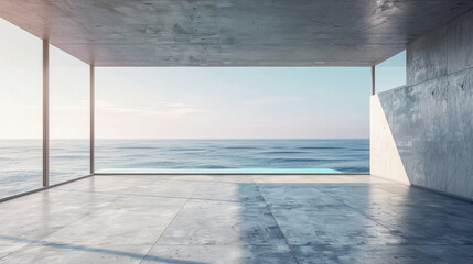 A large open space with a view of the ocean. The space is empty and has a modern feel to it