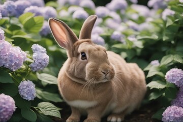 Wall Mural - 'bush front hydrangea rabbit wild animal nature wildlife brown cute green hare furry easter spring field meadow summer natural outdoors young fauna small sitting ear fluffy adorable lawn garden'