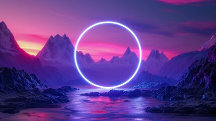 Poster - 3d render. Abstract background with round geometric shape. Fantastic landscape with glowing neon ring and mountains