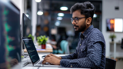 an Indian software engineer working on laptop in modern office, portrait of a man working on laptop 