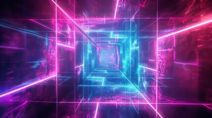 Wall Mural - Abstract square tunnel neon blue and purple energy glowing from lines background.