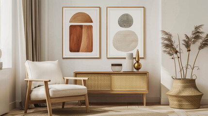 The room is decorated with two abstract paintings on the wall and a wooden chair. The chair is placed in front of a wooden cabinet, and a vase is on the table. The room has a simple