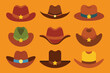 Set of Cowboy hat icons cartoon vector. Fashion leather. Old costume