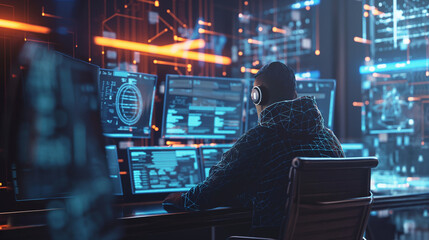 Wall Mural - man working on cyber security, ethical hacker cyber security expert