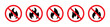 © Munnacreativehub - No fire restriction vector icon set. No fire flame icon in red circle. Fire symbol in black. No fire and stop fire sign vector icon. Stop fire sign with flame. No fire symbol. prohibitions sign symbol