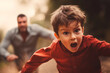 Scared youngster escaping angry dad. Protection and law of violence against children.