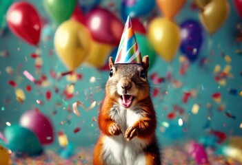 'squirrel colorful confetti smile happy birthday big hat surrounded party-themed wearing falling background. A balloons animal nature rodent wildlife cute mammal red wild fur tail nut eating'