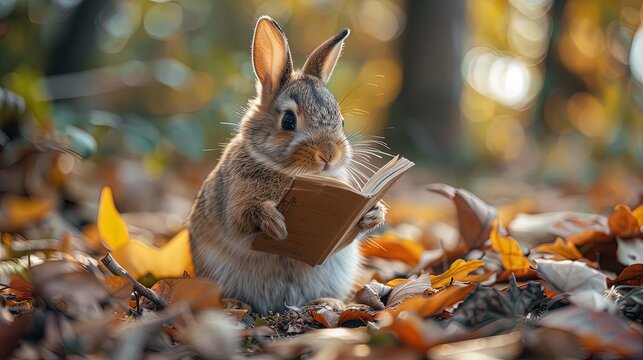 Adorable Rabbit Reading in Soft Backlight with a Cozy Atmosphere