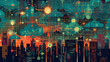 A vibrant digital illustration of a smart cityscape with interconnected network, data streams, and futuristic technology elements overlaying urban buildings,Ai And IoT
