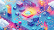 Illustration of futuristic digital technology landscape with interconnected devices, data centers, and communication networks in a vibrant, isometric design,Ai And IoT