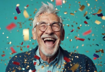 'party. laughing background. smile Lottery. teal celebrating Modern man grey old hair blue grandpa grandfather confetti falling grandad guy Winning Happy senior background celebration christmas'