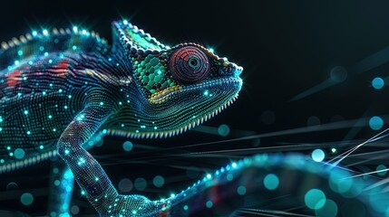 Wall Mural - Digital chameleon in neon colors. Big data visualization. Information aesthetic design. Animal learning. Generative AI