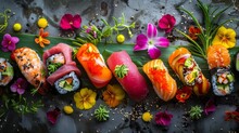 Artistic Array Of Sushi Featuring Colorful Rolls, Fresh Nigiri, And Sashimi Slices, Accented With Delicate Flowers, Soft Studio Light