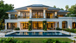 A beautiful modern mansion with blue roof with solar panels, white exteriors, glass windows and beautiful swimming pool