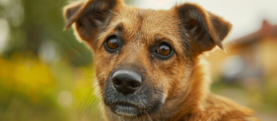 Wall Mural - A cute brown dog with floppy ears and a shiny black nose is sitting on green grass