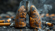 Human lungs with fire and smoke on dark background. 3d rendering