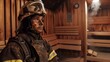 A firefighter in the sauna covered in a mixture of natural oils and clay using a sauna mask to purify and rejuvenate his skin..