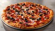 © Paul - Freshly baked thin crust pizza with pepperoni, black olives, and red onion, spotlighted with soft studio lighting on a neutral backdrop