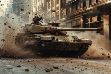 A dynamic shot of an Military tank M1 Abrams crashing through a barricade into a city street Dust and debris explode outward