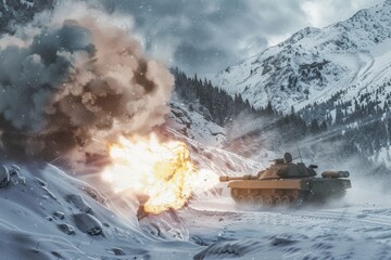 A hyper-realistic illustration of an Military tank M1 Abrams firing its main gun on a snowy mountainside The powerful blast melts the snow around the muzzle flash