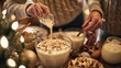 A family gathering in a kitchen making and tasting different types of warm nonalcoholic eggnog.