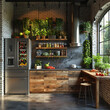 Modern kitchen interior with wooden furniture and plants. 3D Rendering