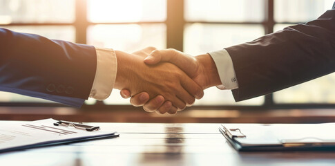 Close up of business people in suits standing and shaking hands  Business communication concept