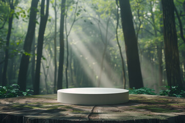 Wall Mural - A round white podium for product display, on the forest floor, surrounded by tall trees and dappled sunlight filtering through leaves