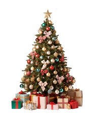 decorated christmas tree with a star topper, festive ornaments, and a pile of colorful gifts isolate