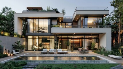 Wall Mural - Exterior view of multiple modern house. Architecture 3d rendering of minimal modern house with natural landscape. Perspective of modern House background.