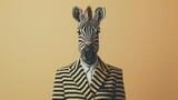 Fototapeta  - Professional headshot of a zebra wearing a suit and tie, looking directly at the camera with a serious expression.