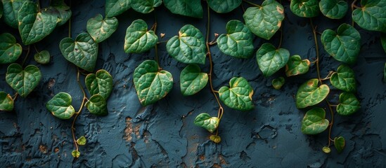 Vibrant green plant leaves are captured up close against a striking blue wall background, creating a visually appealing contrast