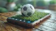 An unconventional 3D illustration showcasing a soccer field and ball on a smartphone screen, reflecting the concept of online soccer watching and betting.