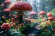 © ELmidoi-AI - A fantastic wonderland landscape with mushrooms and lilies flowers. Surreal and enchanting, perfect for fantasy-themed designs and nature-related content.