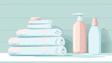 Stack Of Clean Soft Towels And Bottle Of Soap On White