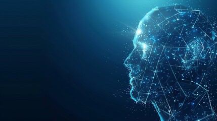 In a vector 3D illustration against a blue background, artificial intelligence is depicted within a humanoid head, featuring a digital brain and representing big data analysis and cyber technology.