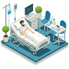 Hospitalized man lying in bed isometric illustration, white background space out, vector, illustration