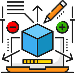 Fototapete - Web development vacancy, 3d designer career, IT specialist job linear color icon. Web interface development, IT technology specialist job outline vector icon with laptop, modeling app interface