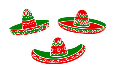 Sticker - Isolated Mexican sombrero hats with ethnic ornament for holiday or fiesta, vector icons. Mexican culture, tradition and Latin decoration art symbols of sombrero hats for fiesta carnival or festival