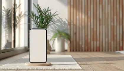 Poster - mock-up illustration of a handphone with a white screen in a modern room