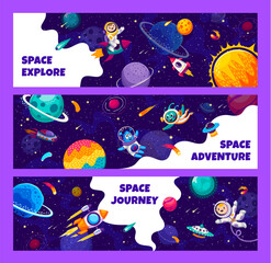 Wall Mural - space explore banners with cute alien and kid astronaut cheerful characters flying on rocket in spac