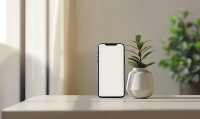 Aufkleber - handphone mock-up placed on a table in a cozy room with a white screen background