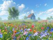A picturesque image of a field overflowing with colorful wildflowers, with a charming farmhouse in the distance and a clear blue sky above.