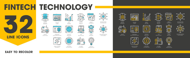 Poster - Fintech, blockchain and cryptocurrency technology, vector line icons. Digital banking and finance business icons of bitcoin wallet, crypto currency money payment and online fintech technology