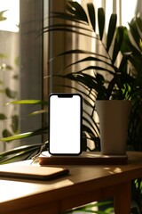 Poster - handphone mock-up displayed on a desk in a well-lit room, emphasizing the white screen