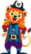 Cartoon lion animal pirate or corsair captain character, vector funny Caribbean pirate personage. Cute lion in tricorne hat with crossbones and musket or pistol gun, seaman boatswain animal character